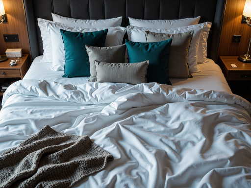 高品质家居纺织品展示，包括床品四件套、抱枕、毛毯等，呈现温馨舒适的卧室环境