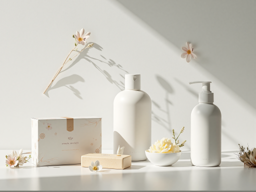 个人护理产品展示，包括天然洗护用品、护肤工具、香薰蜡烛等，营造放松的个人空间